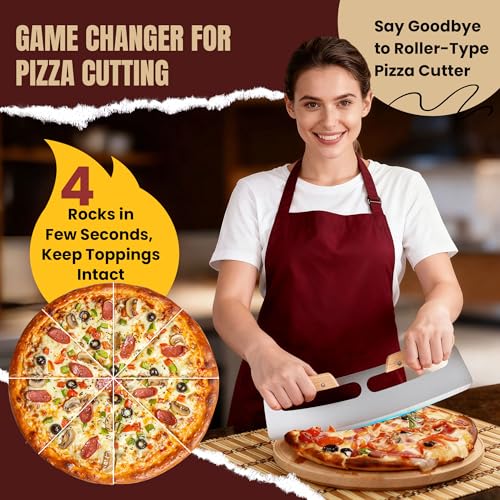 Gicyiit 14-Inch Stainless Steel Rocker Pizza Cutter with Wooden Handle, Sharp & Safe Kitchen Tool