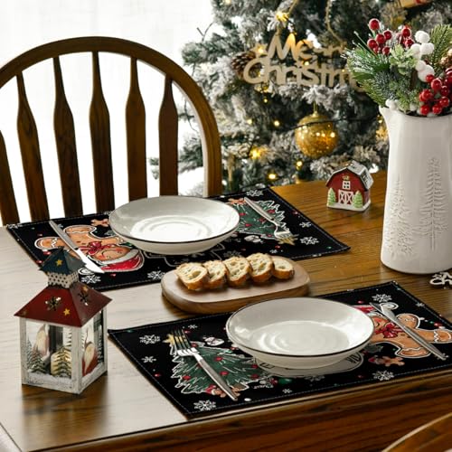 Black Snowman Tree Gingerbread Christmas Placemats Set of 4 - 12x18 Inch Seasonal Table Decor