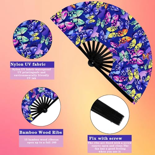 Large Folding Hand Rave Fan - Butterfly UV Glow Festival Fan