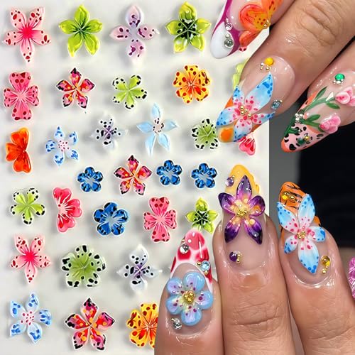 5D Embossed Hawaiian Flower Nail Stickers Lily Hibiscus Decals (4 Sheets)