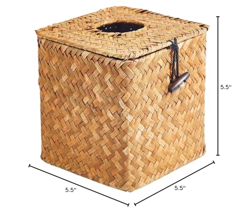 Seagrass Woven Tissue Box Cover - Square Rattan Tissue Holder for Bathroom & Bedroom