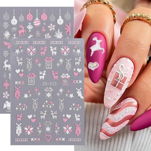 5D Embossed Christmas Nail Art Stickers - 8 Sheets Winter Snowflake Decals