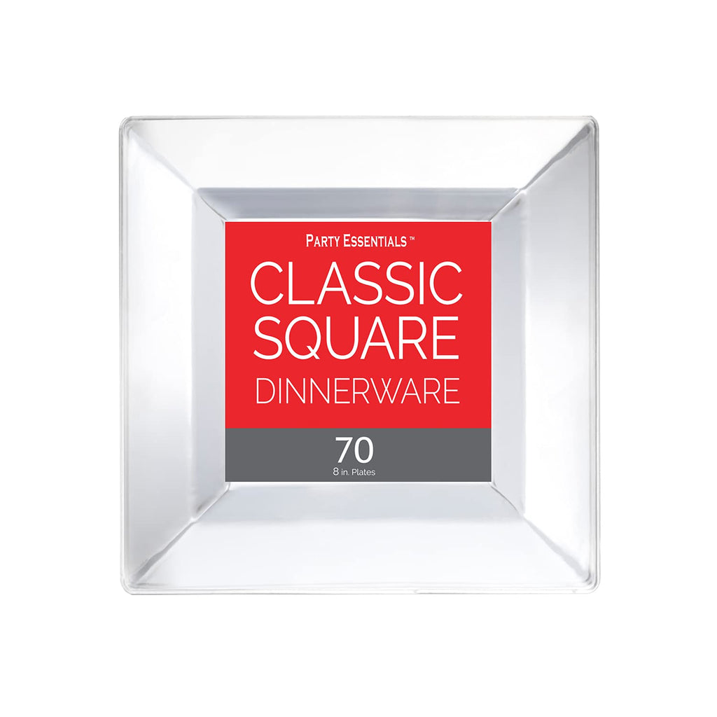 Party Essentials Party Supplies Disposable Classic Square Plastic Plates For Wedding/All Occasions, 8", 70-Count, Clear