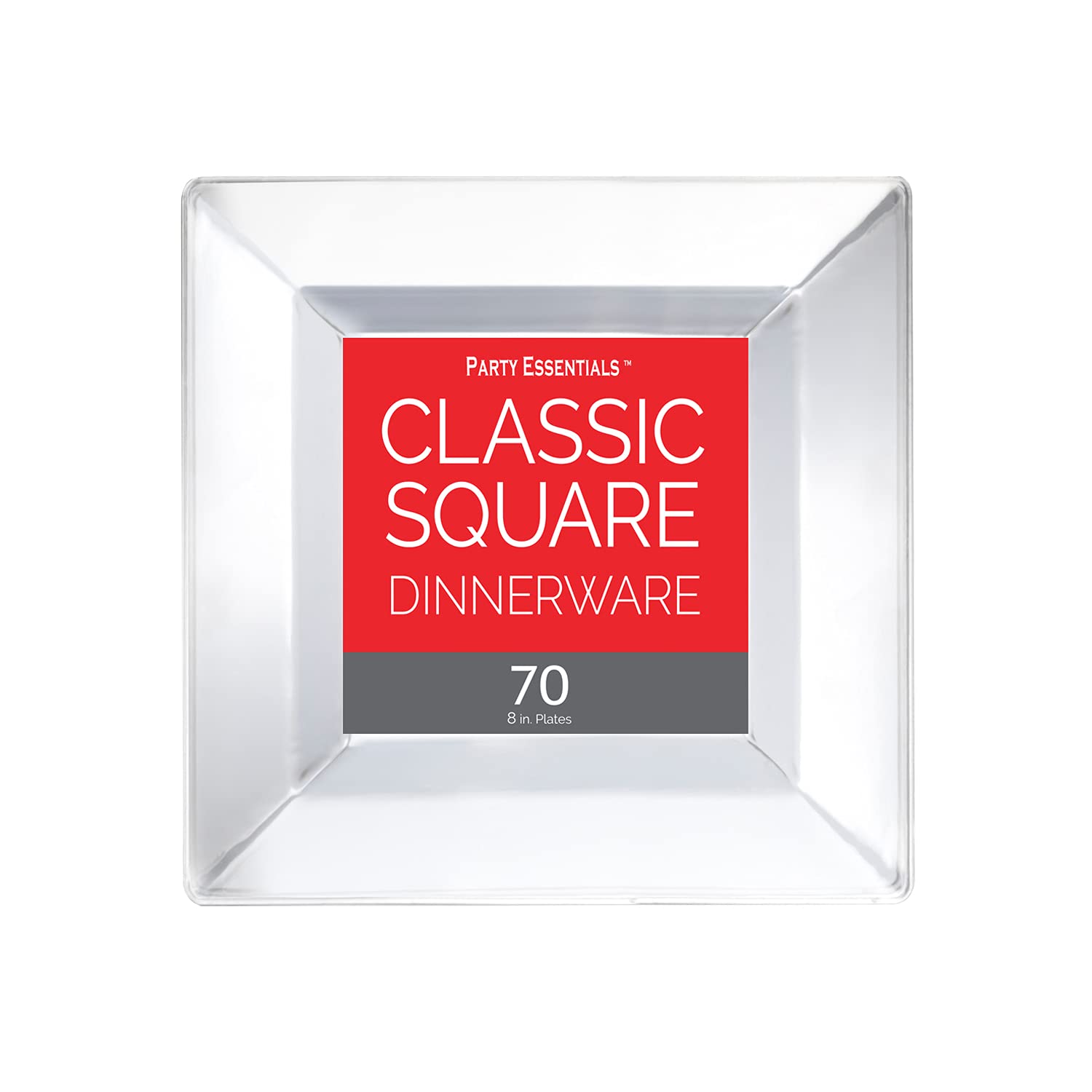 Party Essentials Party Supplies Disposable Classic Square Plastic Plates For Wedding/All Occasions, 8", 70-Count, Clear