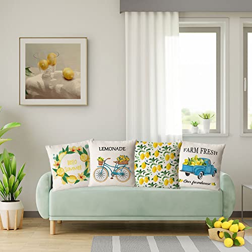 YeeJu Set of 4 Summer Decorative Pillow Covers - 16x16 Inch Lemon & Bicycle Design