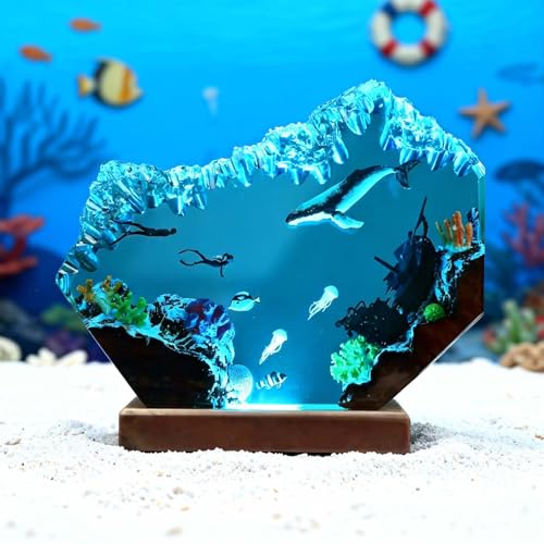 Drawelry Handmade Ocean Resin Lamp with Whale Diorama - Marine Underwater Decor, USB Powered, Coral Reef & Fish Scene for Bedroom & Desk - Whale Variation
