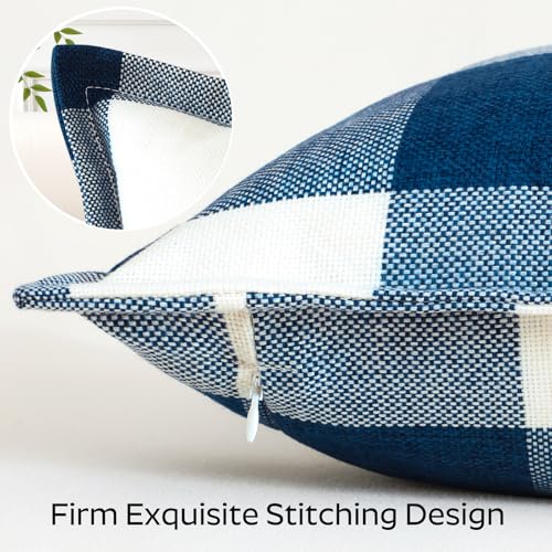 OTOSTAR Gingham Buffalo Check Linen Throw Pillow Covers 12x20, Blue (2 Pack)