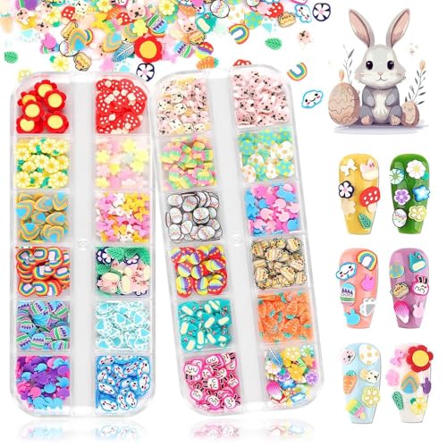 Kalolary 24 Grid Easter Nail Art Glitter Sequins 3D Cute Rabbits and Eggs