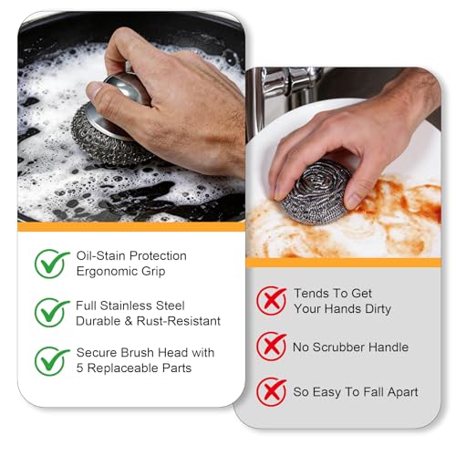 6pcs Stainless Steel Wool Scrubber Set with Replacement Pads