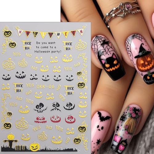 12 Sheets Halloween Nail Stickers 3D Self-Adhesive Decals Pumpkin Ghost