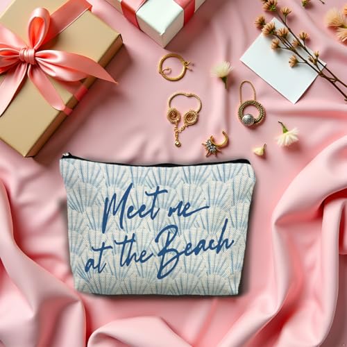Blue Seashell Cosmetic Bag Linen Travel Makeup Pouch