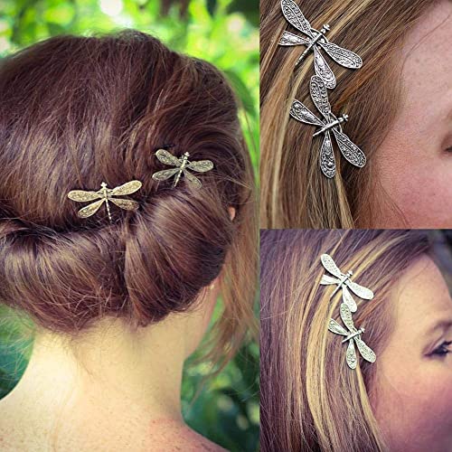 Dragonfly Hair Clip Antique Silver French Barrette 2-Piece Set