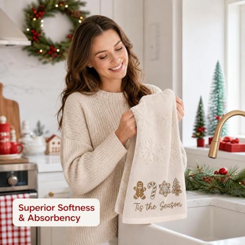 Christmas Hand Towels Set - Grey Snowflake & Embroidered Snowman, 2 Pack, Cotton, Beige Gingerbread Man Variation