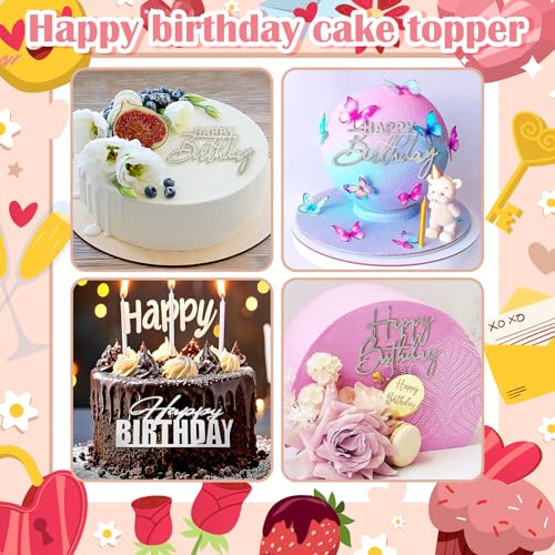 Silver 6Pcs Acrylic Happy Birthday Cake Toppers Set