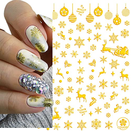 Gold Snowflake Nail Art Stickers 8 Sheets 3D Christmas Decals