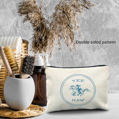 Yee Haw Cowgirl Makeup Bag - Western Linen Cosmetic Pouch for Women