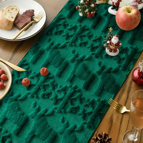 Christmas Snowflake and Elk Table Runner - Faux Fur Jacquard Holiday Decor, 13x90 Inch, Green