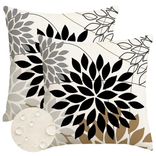RABUSOFA 18x18 Waterproof Outdoor Pillow Covers - Black & Tan Set of 2