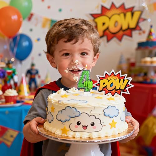 Number 4 Birthday Candle - Green Hero Fist Glitter Cake Topper