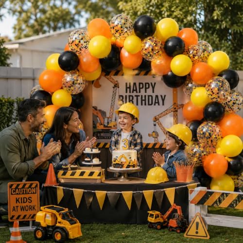 50-Piece Construction Party Balloons Set - Orange, Black & Yellow Decor