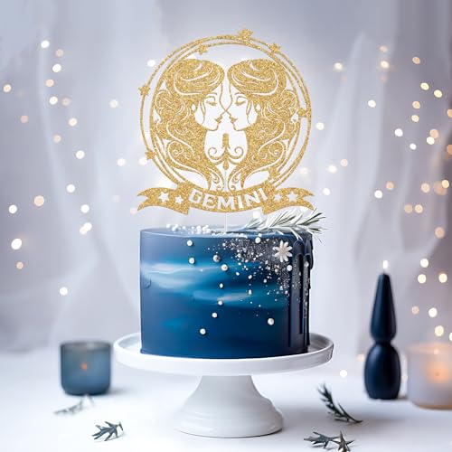 Gold Glitter Gemini Cake Topper for Zodiac Birthday Parties