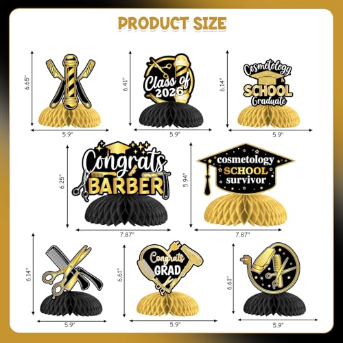 Barber Graduation Honeycomb Centerpieces - 8pcs Black Gold Decor