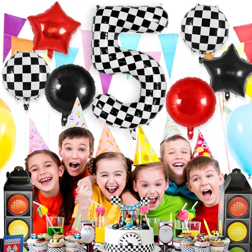 Checkered Number 5 Balloon - 40 Inch Foil Race Car Decoration