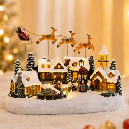 Animated Christmas Village Scene with Flying Deer - Santa Sleigh Display