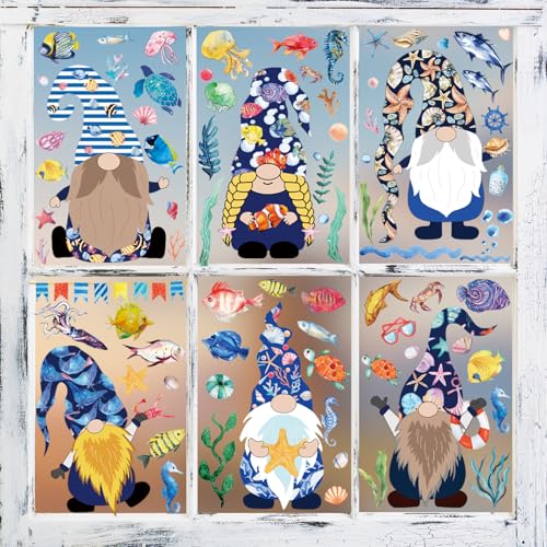 Hianjoo Ocean Gnome Summer Window Clings 146 Pcs Double Sided Static Sea Decals