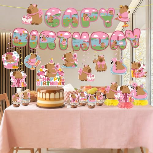 Pink Capybara Birthday Decorations Set - 35PCS for Girls