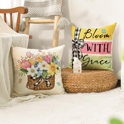 Spring Flowers Tulip Basket Throw Pillow Covers - Set of 4, 18x18