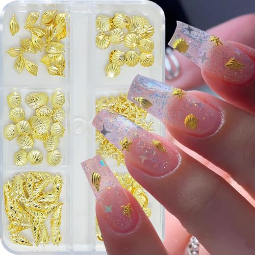 3D Summer Ocean Gold Metal Nail Charms - Seashell Starfish Seahorse