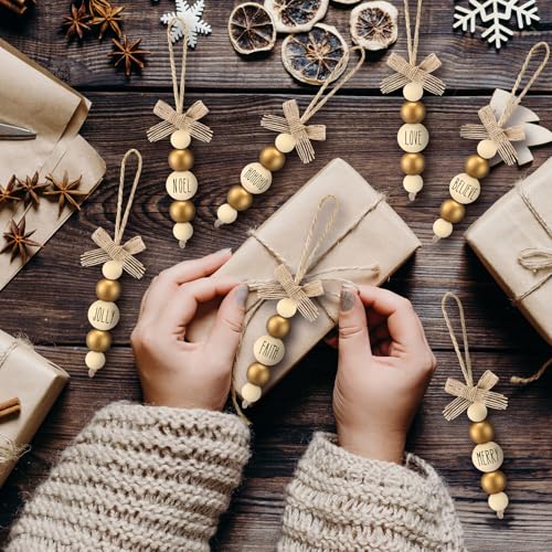 Bohemian Gold Wooden Christmas Tree Ornaments Set - Blessing Words, 24 Pieces