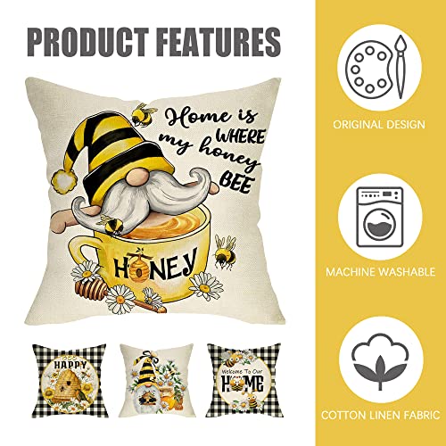 Bumble Bee Gnome Decorative Throw Pillow Covers 18x18 (Set of 4)