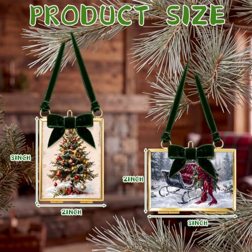 Christmas Picture Frame Ornaments Set - Vintage Brass & Hunter Green Bows