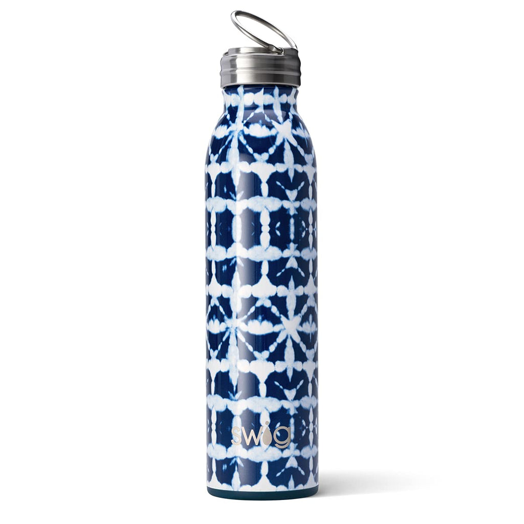 Swig Life 20oz Triple Insulated Stainless Steel Water Bottle with Ring Flip Handle, Dishwasher Safe, Double Wall, & Vacuum Sealed Reusable Water Tumbler (Indigo Isles)
