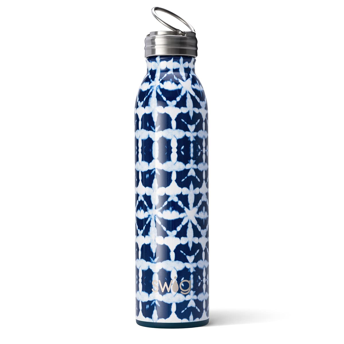 Swig Life 20oz Triple Insulated Stainless Steel Water Bottle with Ring Flip Handle, Dishwasher Safe, Double Wall, & Vacuum Sealed Reusable Water Tumbler (Indigo Isles)