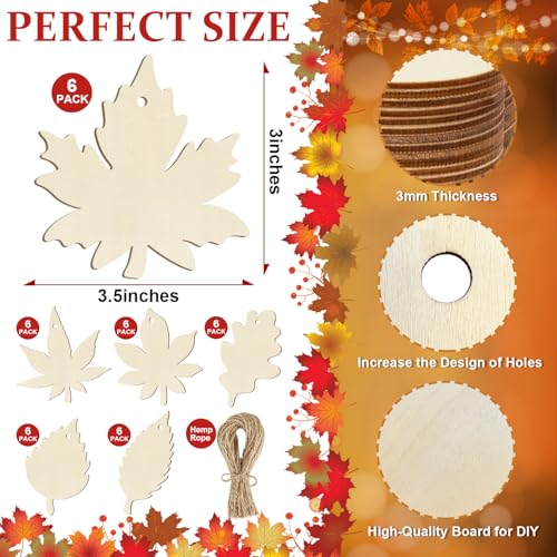 36PCS Unfinished Wooden Maple Leaf Ornaments for DIY Fall Crafts & Painting