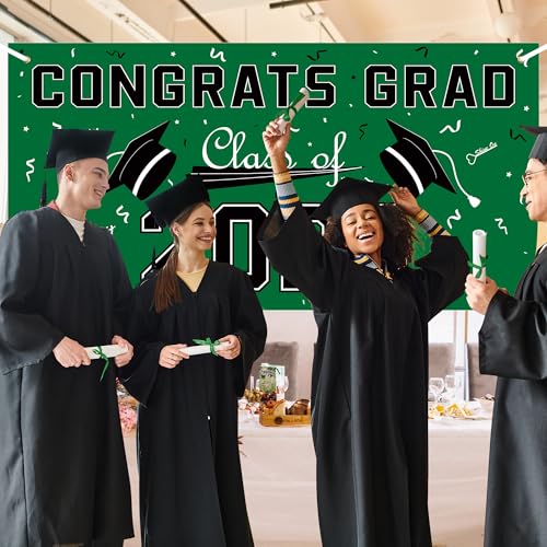 2026 Graduation Decorations - Green Polyester Backdrop & Congrats Grad Banner
