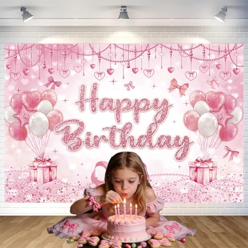 Pink Heart Bow Happy Birthday Backdrop Banner 70.8 x 47.2 Inch