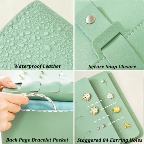 QBestry Travel Earring Organizer Book - 42 Pairs Waterproof PU Leather, Tangle-Free Storage, Compact Design for Women & Girls - Green