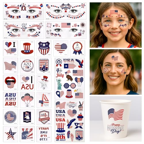 Fourth of July Temporary Tattoos - 26 Sheets Patriotic USA Stickers