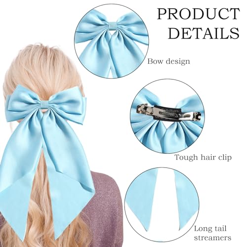 LYDZTION Satin Hair Bow Clip Set with Tassel Ribbons - Blue