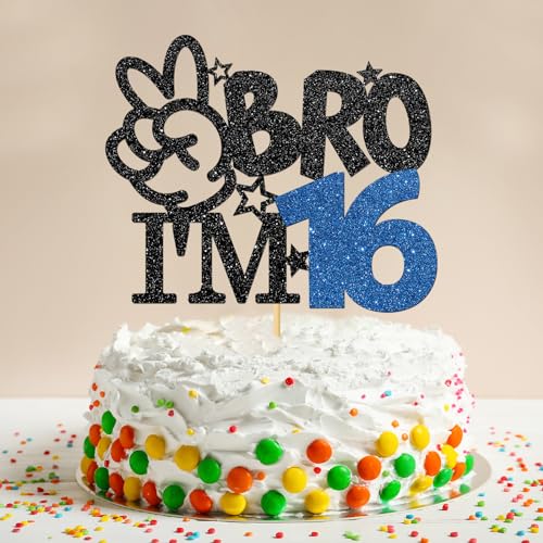Bro I'm 16 Cake Topper - Black Glitter 16th Birthday Party Supplies