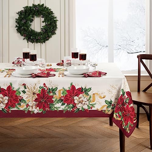 Poinsettia Garlands Tablecloth 144 x 60 Inches - Holiday Decor