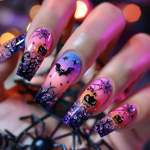 Halloween Press on Nails Medium Coffin Acrylic False Nails Pink Purple