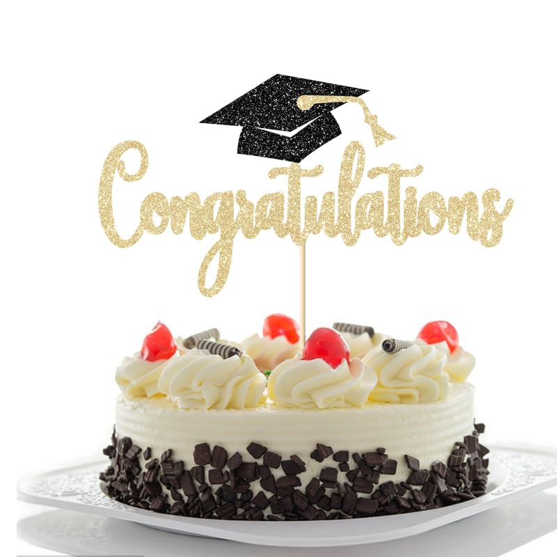 Gold Glitter Graduation Cake Topper for Class of 2026 - Congrats Party Decor