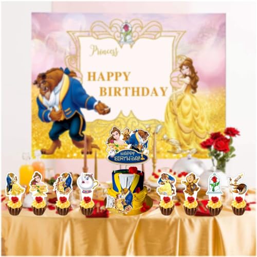 25Pcs Beauty & Beast Cake Decorations with Cupcake Toppers for Girls Birthday Party