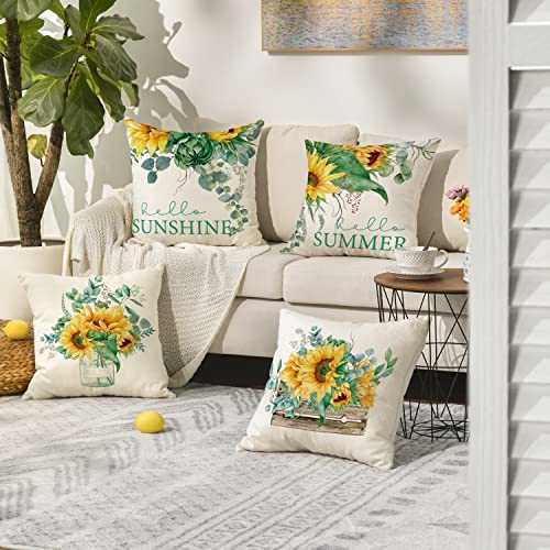 AVOIN Watercolor Sunflower Throw Pillow Covers, 18x18 Inch, Set of 4