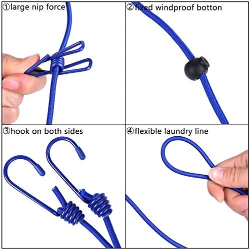 11ft Blue Windproof Clothesline with 12 Clips - Adjustable for Outdoor Use